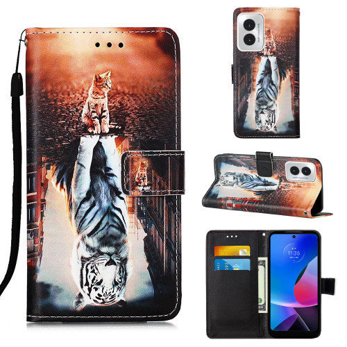 Moto G Play 2024 Colored Drawing Pattern Plain Weave Leather Phone Case - Cats And Tigers